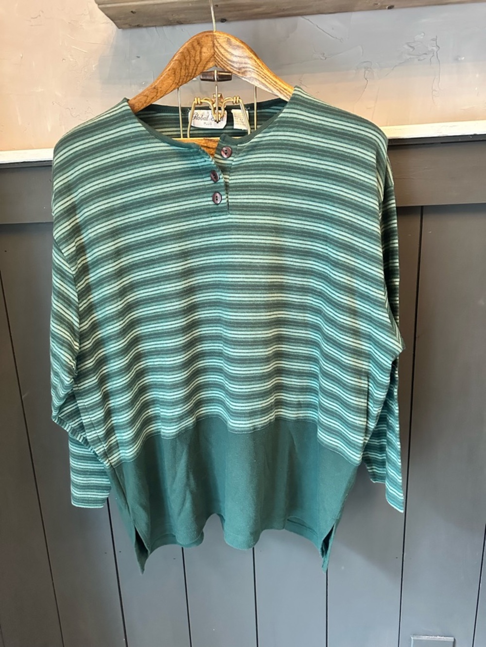 Global Gold Plus Striped‎ Green White Henley Pullover 2X